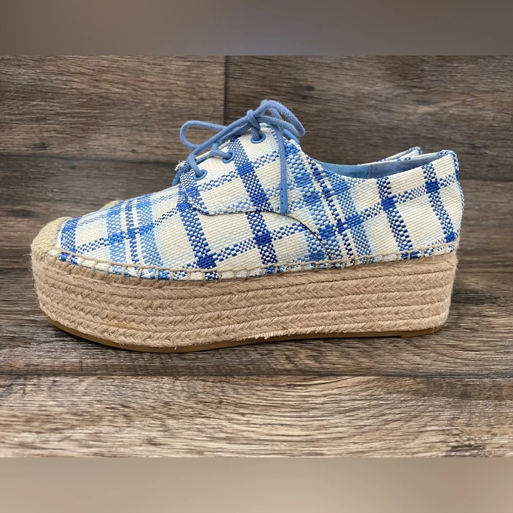 Tory Burch Women's Florence Blue Check Platform Espadrille Shoes Sz 8‎
